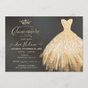 Invitación Quinceañera , traje Purpurinas, oro falso