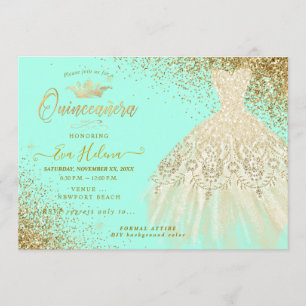 Invitación Quinceañera , traje Purpurinas, oro falso+menta