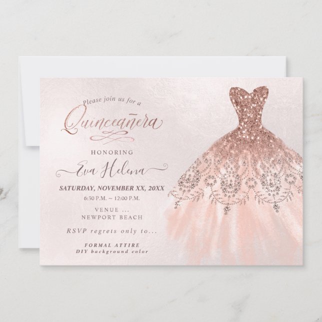 Invitación Quinceañera , traje Purpurinas, oro falso Rosa (Anverso)