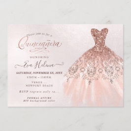 Invitación Quinceañera , traje Purpurinas, oro falso Rosa