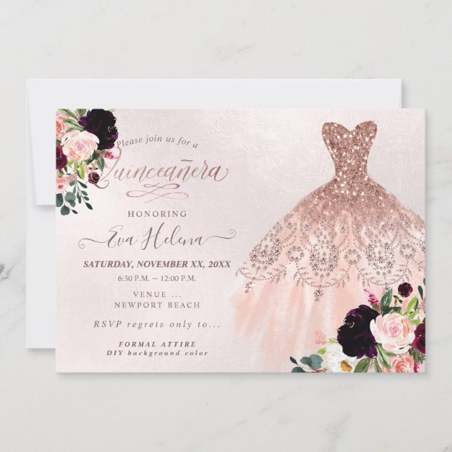 Invitación Quinceañera , traje Purpurinas, Rubor de Borgoña (Anverso)