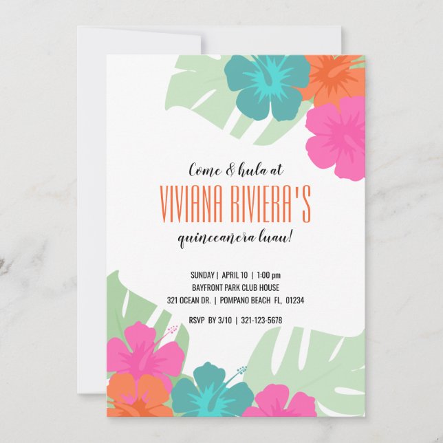 Invitación Quinceañera TROPICAL LUAU brillante floral (Anverso)