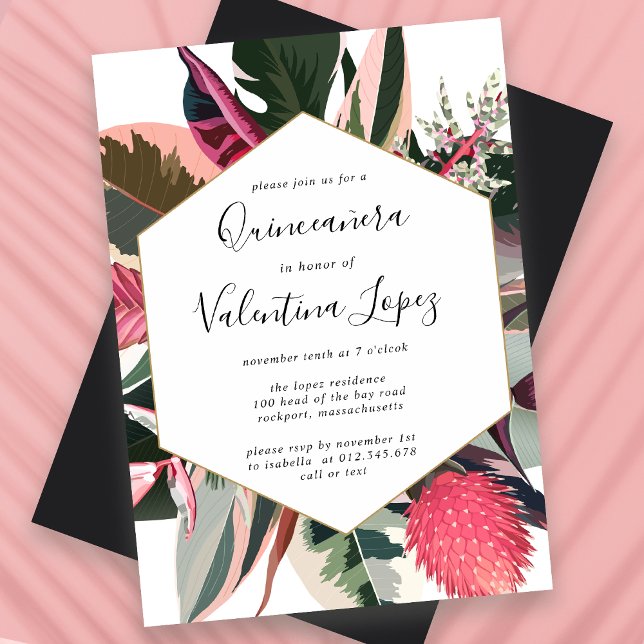 Invitación Quinceanera Tropical Rosa Moderno (Subido por el creador)