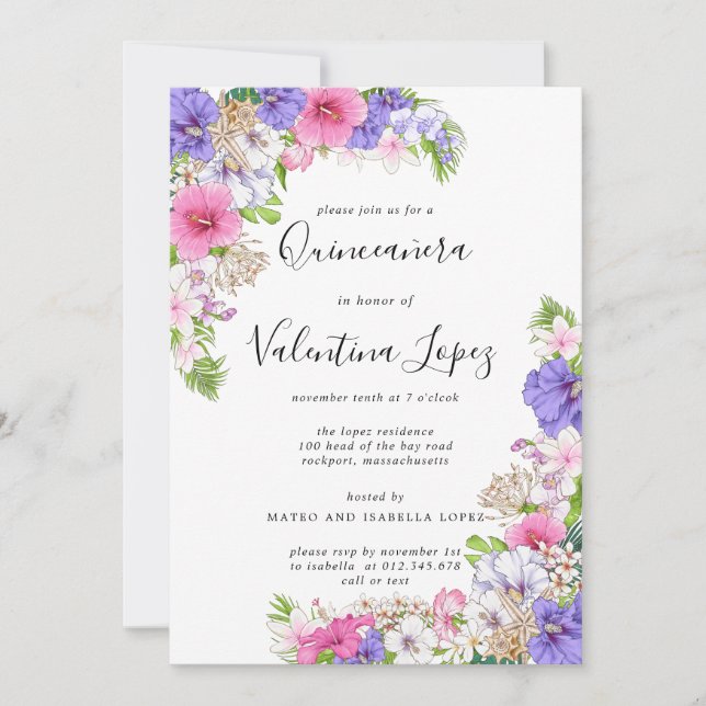 Invitación Quinceanera tropical rosa morado (Anverso)
