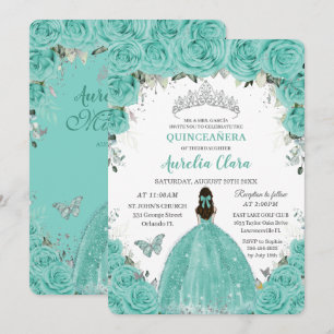 Invitación Quinceañera Turquesa Azul Floral Plata Princesa