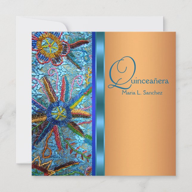 Invitación Quinceañera Turquesa Azul Naranja Suroeste (Anverso)