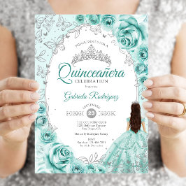 Invitación Quinceañera Turquesa Floral de Plata