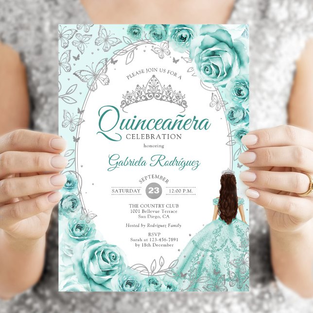 Invitación Quinceañera Turquesa Floral de Plata (Subido por el creador)