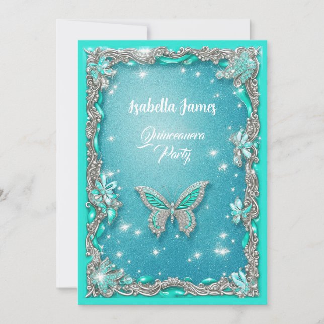 Invitación Quinceañera turquesa mariposa purpurina elegante (Anverso)