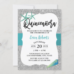 Invitación Quinceanera Turquoise Beach Starfish Plata moderna