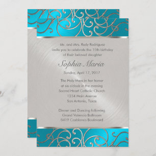 Invitación Quinceanera Turquoise Blue Silver Filigrree Swirls