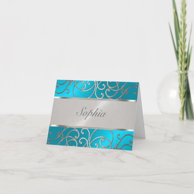 Invitación Quinceanera Turquoise Blue Silver Filigrree Swirls (Anverso)