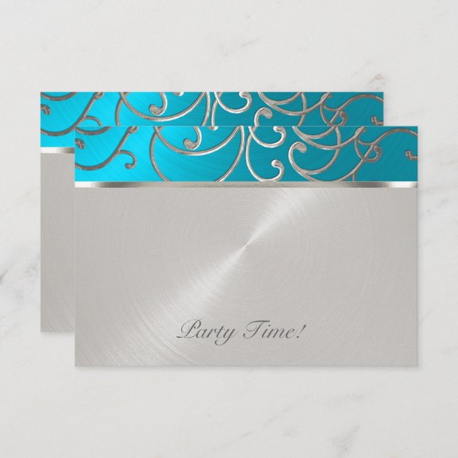 Invitación Quinceanera Turquoise Blue Silver Filigrree Swirls (Anverso / Reverso)