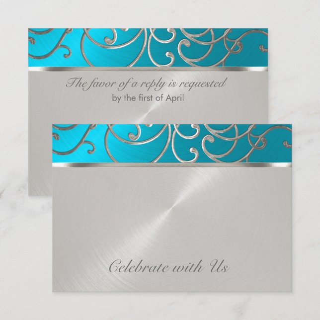 Invitación Quinceanera Turquoise Blue Silver Filigrree Swirls (Anverso / Reverso)