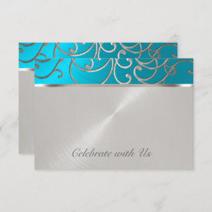 Invitación Quinceanera Turquoise Blue Silver Filigrree Swirls