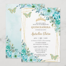 Quinceañera Turquoise Floral Azul Mariposas de Oro