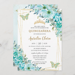 Invitación Quinceañera Turquoise Floral Azul Mariposas de Oro