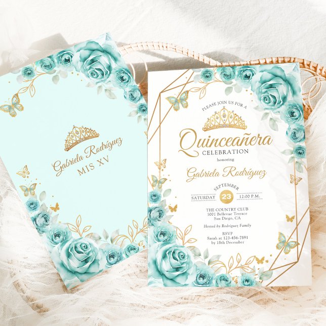 Invitación Quinceanera Turquoise Floral Gold (Subido por el creador)
