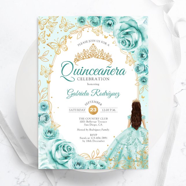 Invitación Quinceanera Turquoise Gold Floral (Subido por el creador)