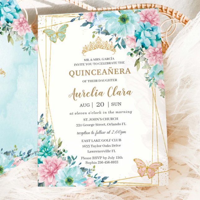 Invitación Quinceañera Turquoise Pink Floral Gold Butterflies (Subido por el creador)