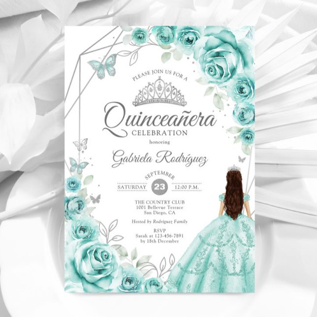 Invitación Quinceanera Turquoise Plata Vestido Floral (Subido por el creador)