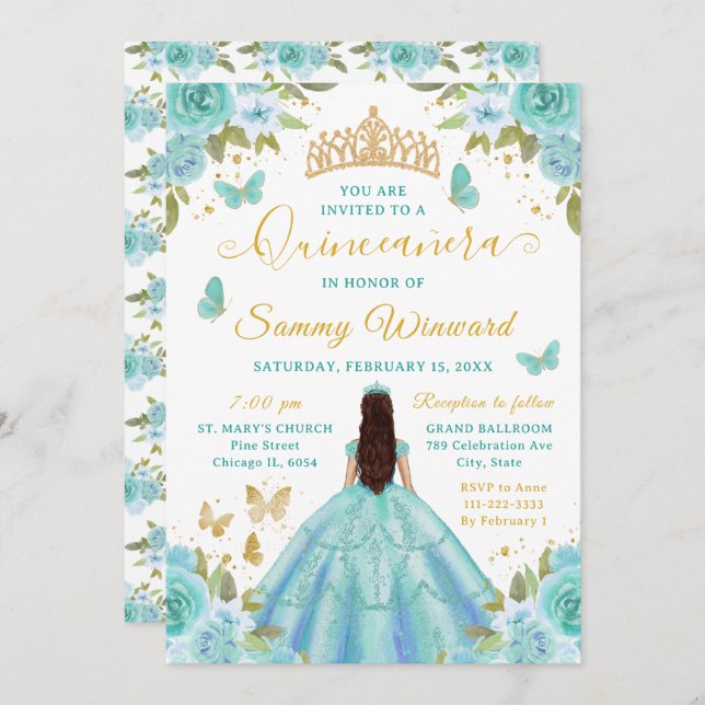 Invitación Quinceañera Turquoise Princess Brunette Girl (Anverso / Reverso)