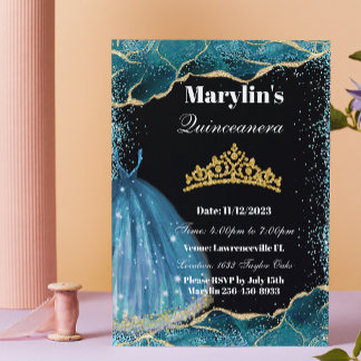 Invitación Quinceañera Turquoise Purpurina Ballgown Cumpleaño