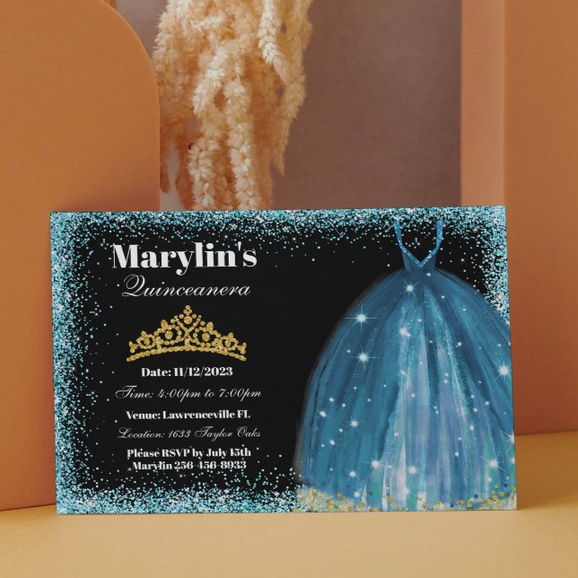 Invitación Quinceañera Turquoise Purpurina Ballgown Cumpleaño (Subido por el creador)