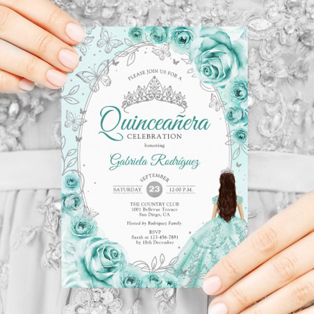 Invitación Quinceanera Turquoise Silver Floral (Subido por el creador)