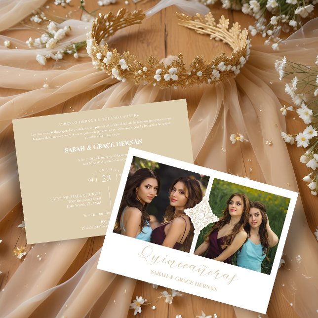 Invitación Quinceañera Twins 2 fotos ornamentos Faux Golden (Spanish Quinceañera Twins 2 Photos Ornament Faux Golden Invitation. )