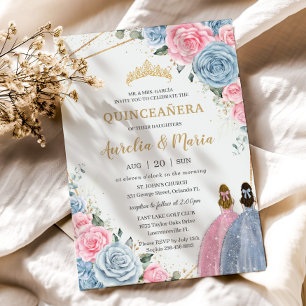Invitación Quinceañera Twins bebés Rosas florales rosas