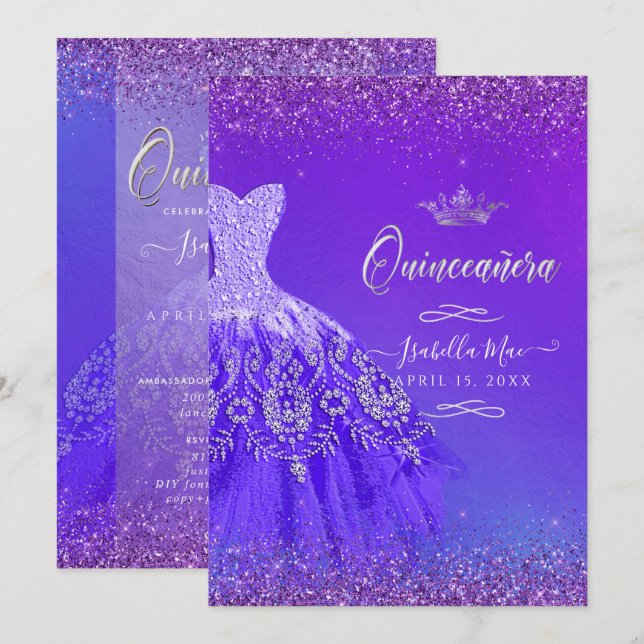 Invitación Quinceanera Ultra Violet Ombre Purpurina Gown (Anverso / Reverso)