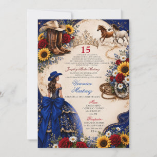 Invitación Quinceañera Vaquera Girasoles Azul Real
