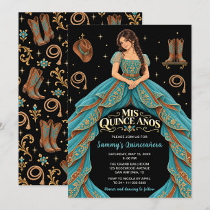 Invitación Quinceañera Vaquera Occidental Turquesa Dorado