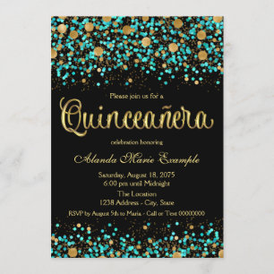 Invitación Quinceanera verde azulada azul y oro