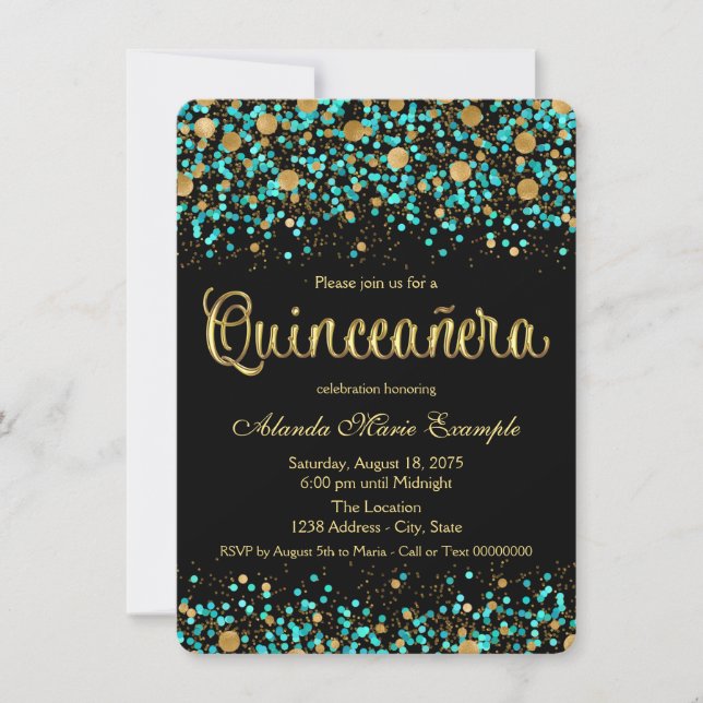 Invitación Quinceanera verde azulada azul y oro (Anverso)