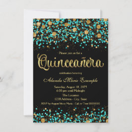 Invitación Quinceanera verde azulada azul y oro