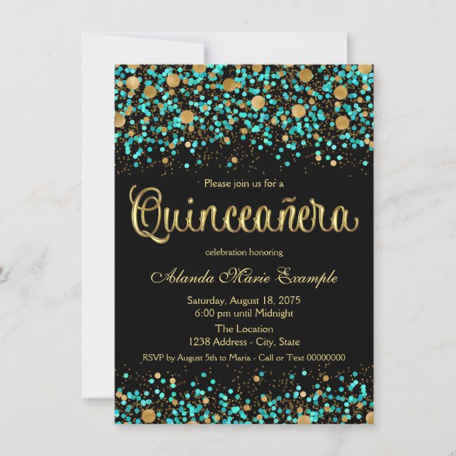 Invitación Quinceanera verde azulada azul y oro (Anverso)