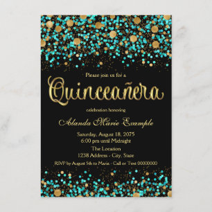 Invitación Quinceanera verde azulada azul y oro