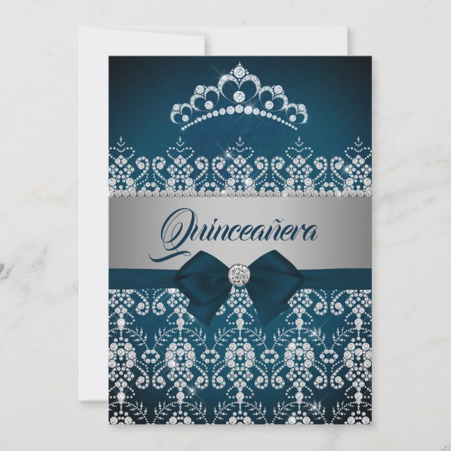 Invitación Quinceanera Verde azulada chispa de plata diamante (Anverso)