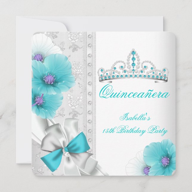 Invitación Quinceanera Verde azulada Flor Azul Diamante Tiara (Anverso)