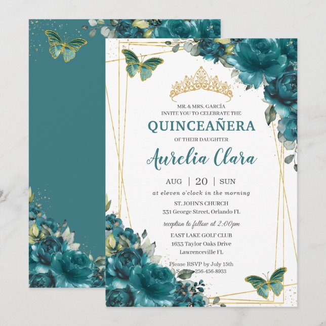Invitación Quinceañera Verde azulada Mariposas Florales Azul  (Anverso / Reverso)