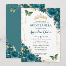 Quinceañera Verde azulada Mariposas Florales Azul 