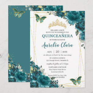 Invitación Quinceañera Verde azulada Mariposas Florales Azul