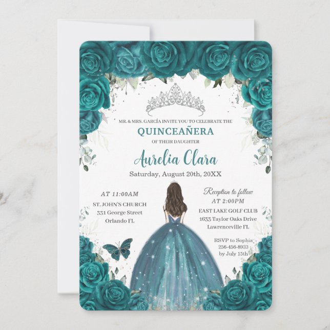 Invitación Quinceañera Verde azulada Mariposas Florales Silve (Anverso)