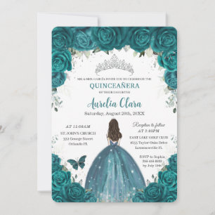 Invitación Quinceañera Verde azulada Mariposas Florales Silve