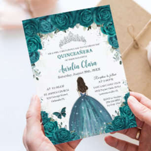 Invitación Quinceañera Verde azulada Mariposas Florales Silve