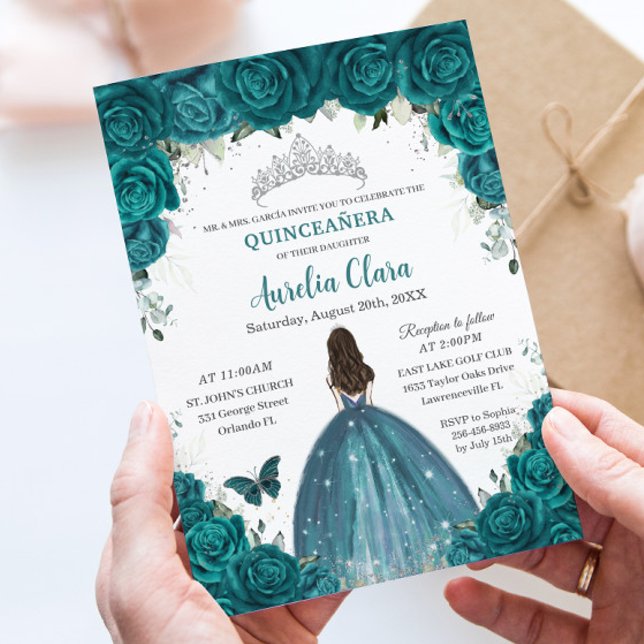 Invitación Quinceañera Verde azulada Mariposas Florales Silve (Subido por el creador)