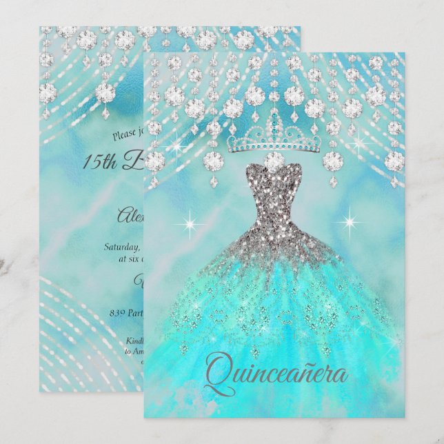 Invitación Quinceanera Verde azulada Plata Azul Fiesta de cum (Anverso / Reverso)