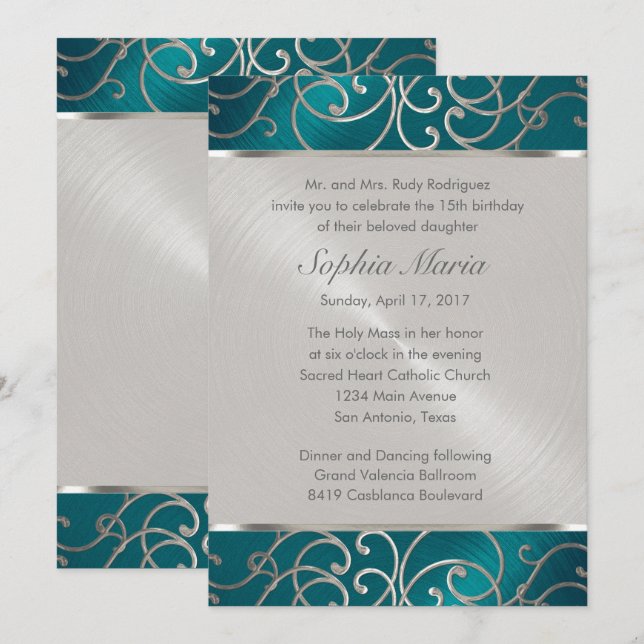 Invitación Quinceanera Verde azulada Plata Azul Plata Filigre (Anverso / Reverso)